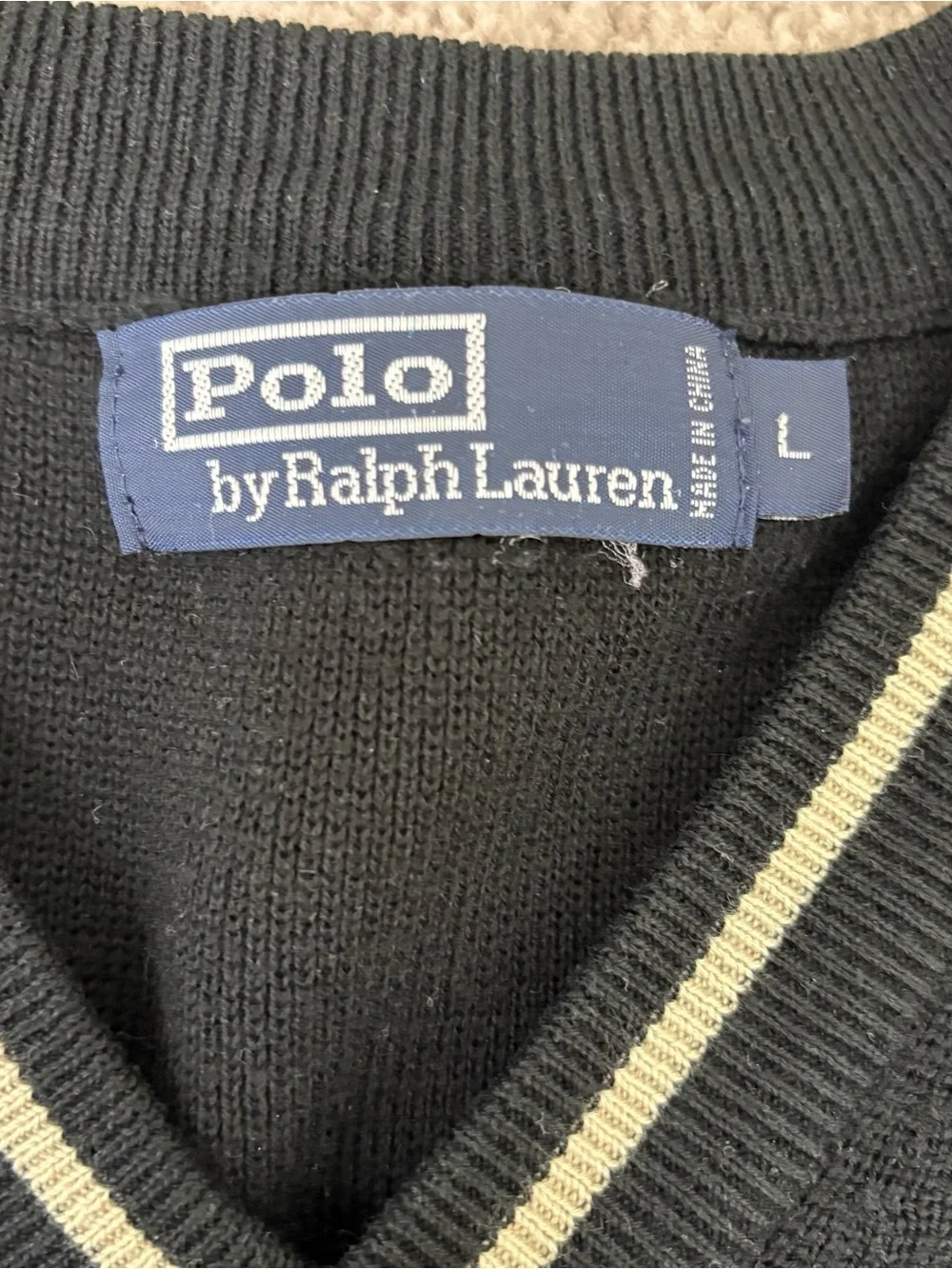 Vintage Polo by Ralph Lauren Black + Gold V-Neck Sweater with Contrast Stripes